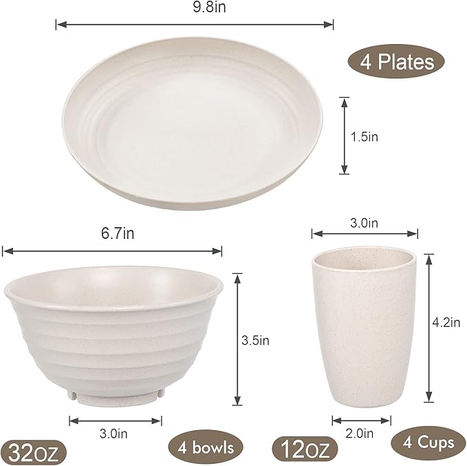 12pcs Wheat Straw Dinnerware Sets, Wheat Straw Plates and Bowls Sets for 4 Microwave Dishwasher Safe Lightweight Beige