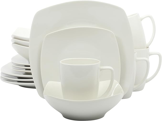 Porcelain Chip and Scratch Resistant Dinnerware Plates, Bowls, and Mugs Set, Service for 4 (16pcs), White (Square Dishes)