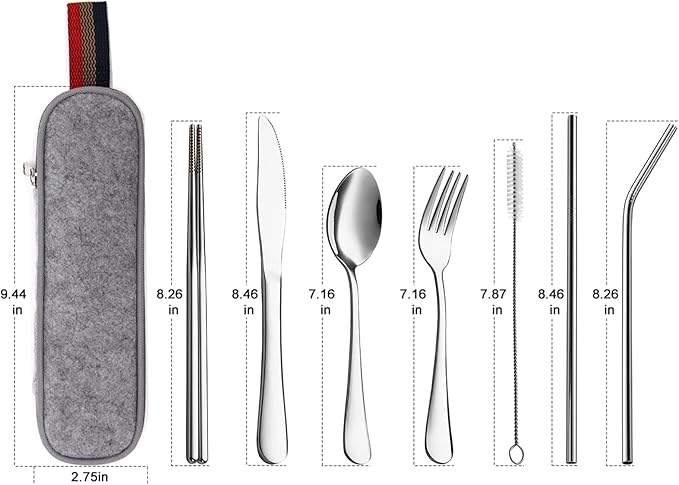 Portable Utensils, Travel Camping Cutlery Set, 8-Piece including Knife Fork Spoon Chopsticks Cleaning Brush Straws Portable Case, Stainless Steel Flatware set (Silver)