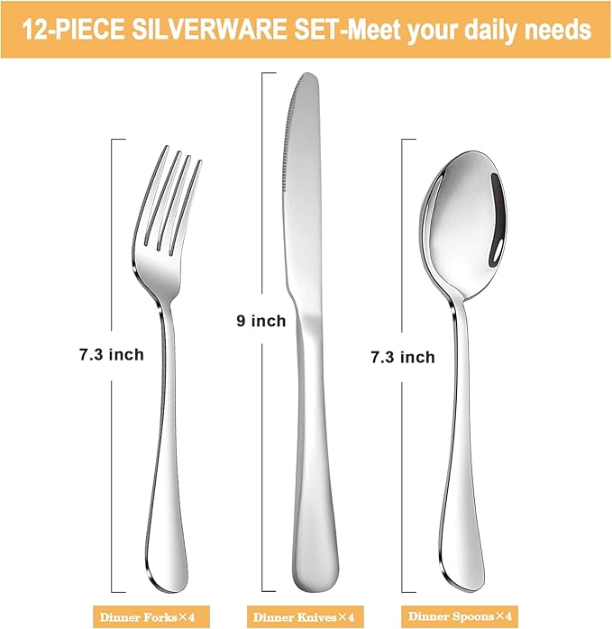 Silverware Set,Stainless Steel Knives Spoon Forks Set for Home, Kitchen and Restaurant, Mirror Polished& Dishwasher Safe (12pcs-Silverware set)