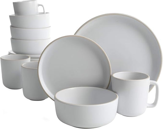 16 Piece Round Kitchen Dinnerware Set, Dishes, Plates, Bowls, Mugs, Service for 4, Matte Stoneware, White