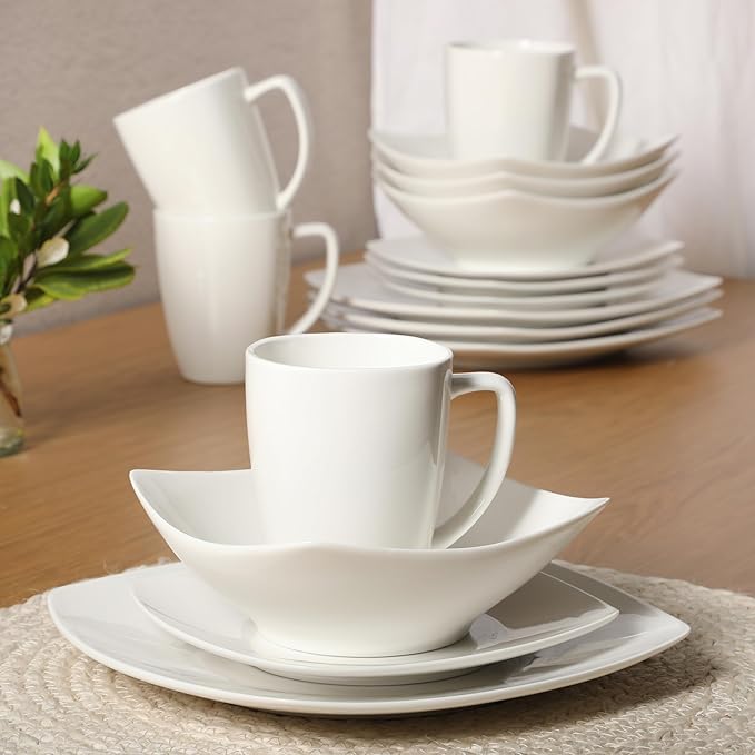 Porcelain Chip and Scratch Resistant Dinnerware Plates, Bowls, and Mugs Set, Service for 4 (16pcs), White (Square Dishes)