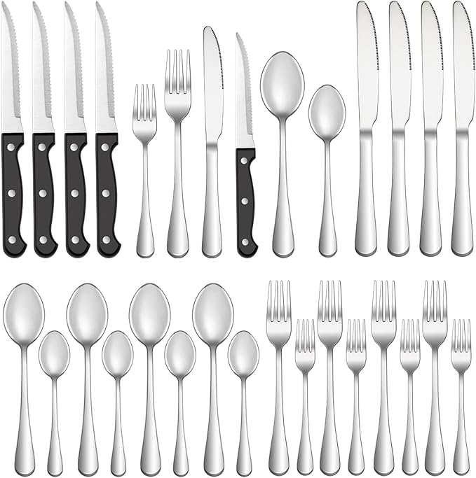 24 Pcs Silverware Set with Steak Knives Service for 4,Stainless Steel Flatware Set,Mirror Polished Cutlery Utensil Set,Home Kitchen Eating Tableware Set,Include Fork Knife Spoon Set,Dishwasher Safe