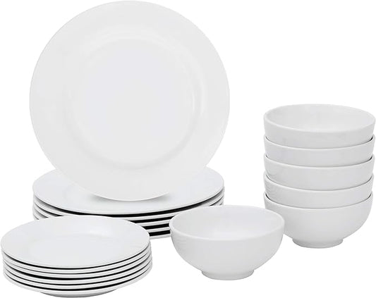 18-Piece Service for 6 Porcelain Dinnerware Set, Round Kitchen Plates and Bowls Set Chip & Scratch Resistant Dishware Sets, White