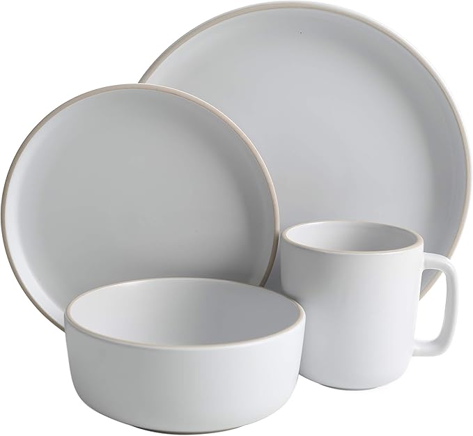 16 Piece Round Kitchen Dinnerware Set, Dishes, Plates, Bowls, Mugs, Service for 4, Matte Stoneware, White