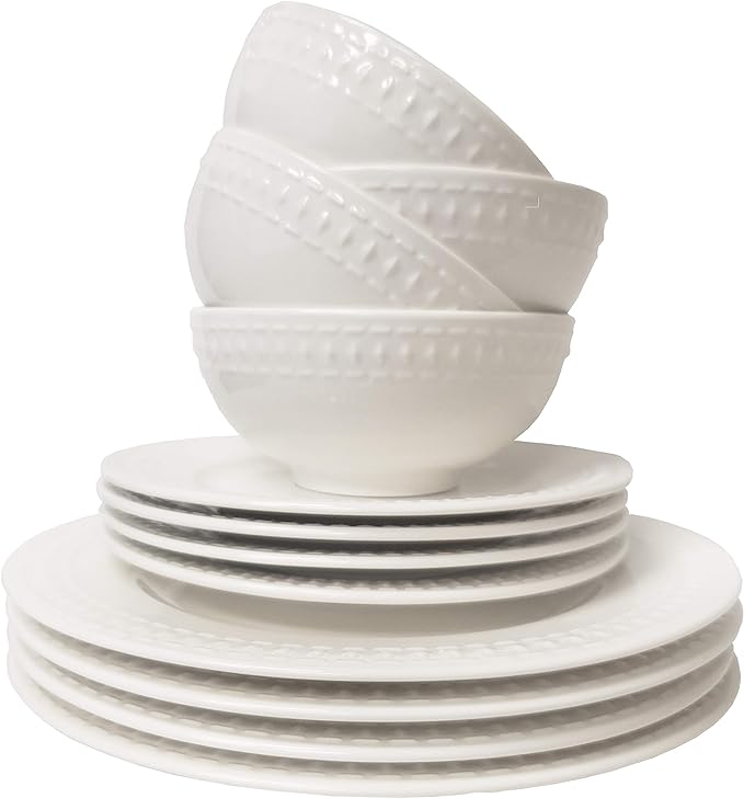 Embossed White Porcelain Round Dinnerware - 12 Piece Dinnerware Set