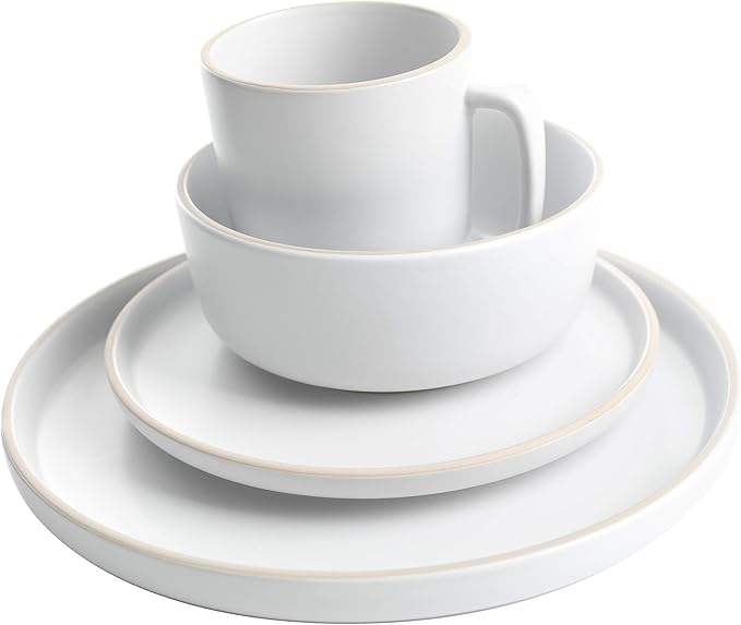 16 Piece Round Kitchen Dinnerware Set, Dishes, Plates, Bowls, Mugs, Service for 4, Matte Stoneware, White