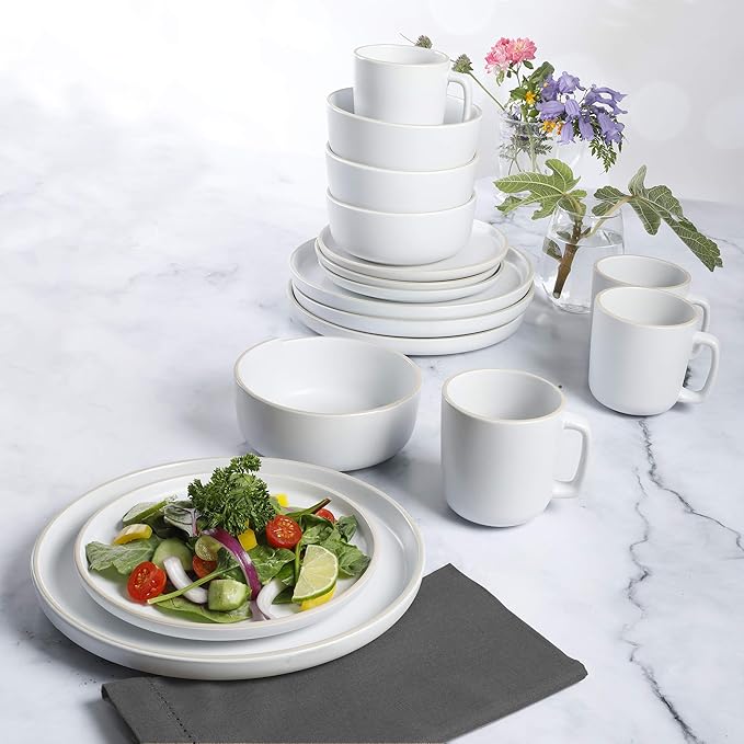 16 Piece Round Kitchen Dinnerware Set, Dishes, Plates, Bowls, Mugs, Service for 4, Matte Stoneware, White