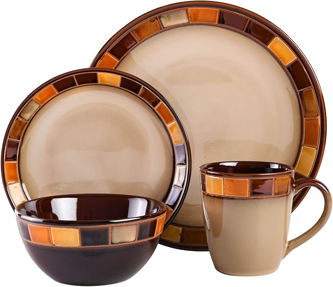 16-piece Dinnerware Set Service for 4, Beige and Brown