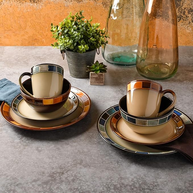 16-piece Dinnerware Set Service for 4, Beige and Brown