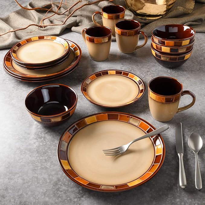 16-piece Dinnerware Set Service for 4, Beige and Brown